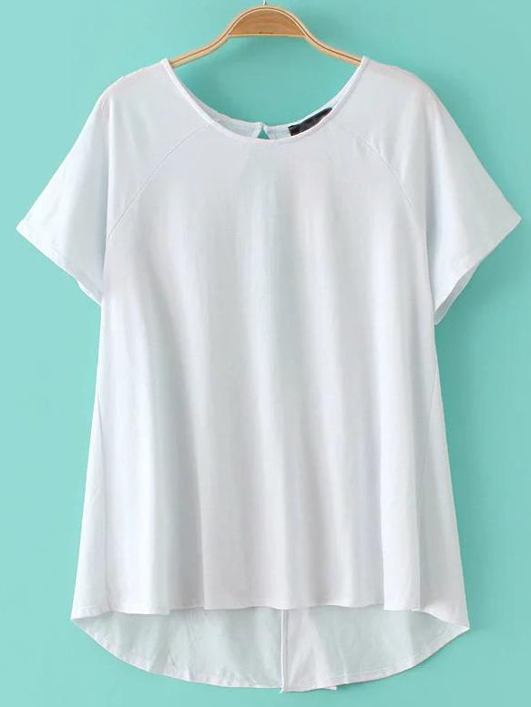 Romwe White Dipped Hem Split Back T-shirt
