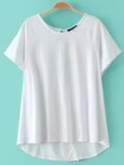 Romwe White Dipped Hem Split Back T-shirt