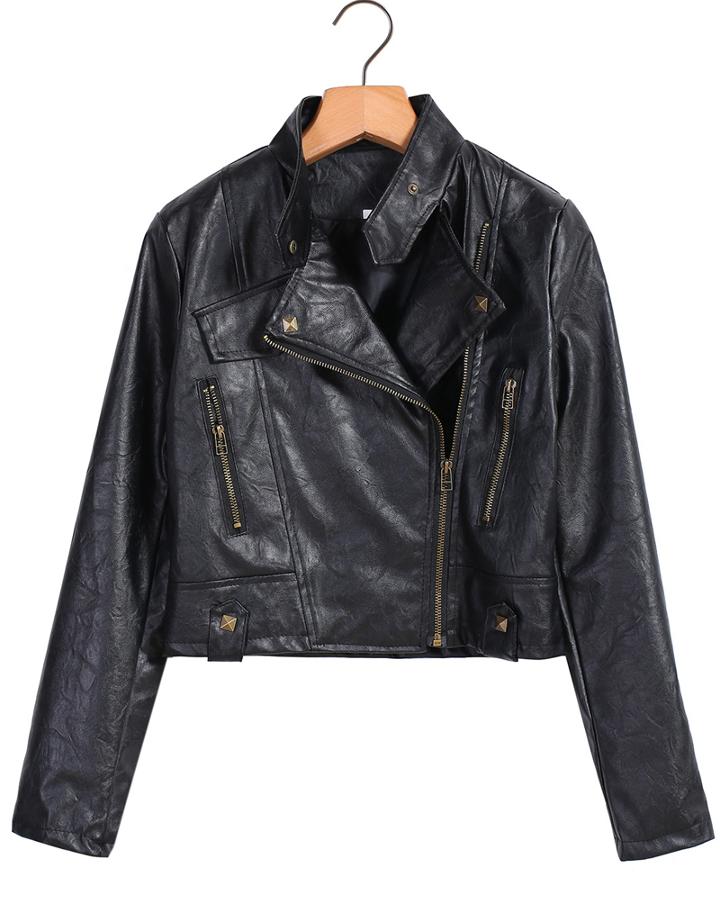 Romwe Oblique Zipper Crop Pu Slim Jacket