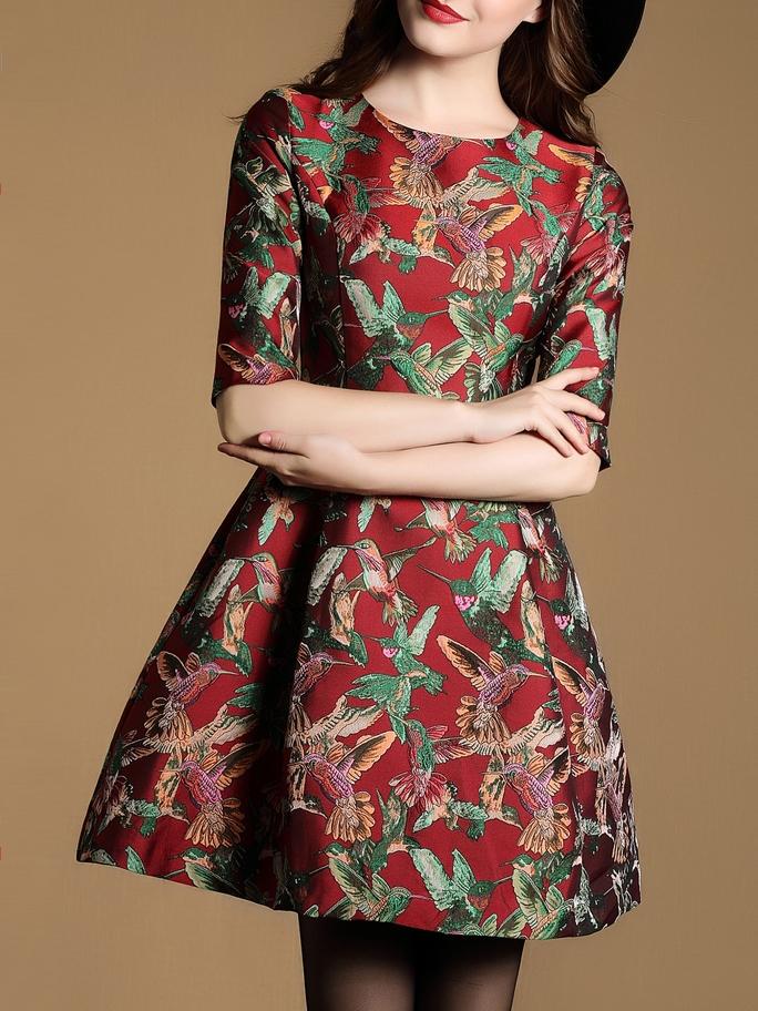 Romwe Red Birds Print A-line Dress