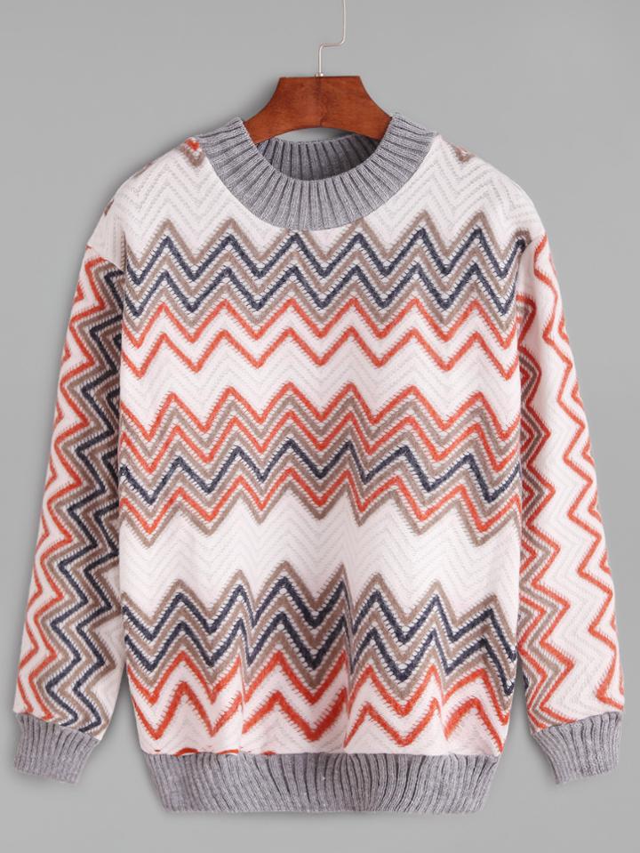 Romwe Contrast Trim Chevron Pattern Sweater