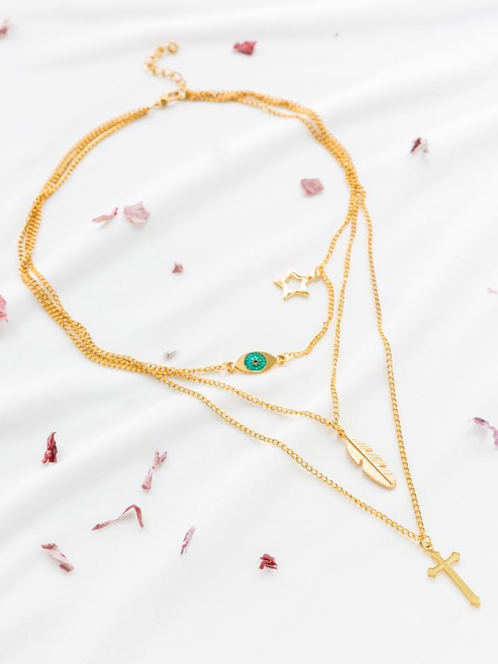 Romwe Gold Feather And Cross Pendant Layered Necklace
