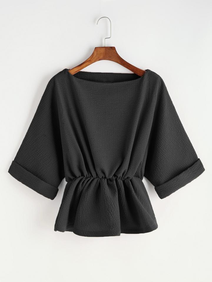 Romwe Black Elastic Waist Raglan Sleeve Cuffed Blouse