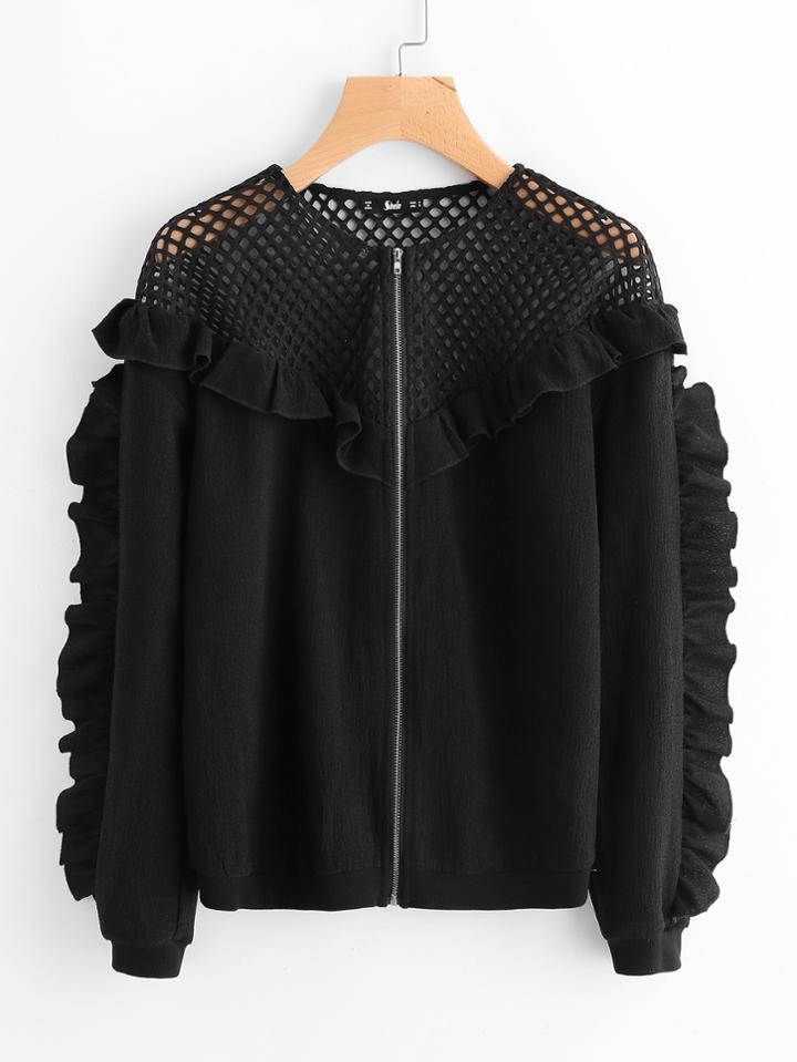 Romwe Fishnet Yoke Frill Detail Jacket