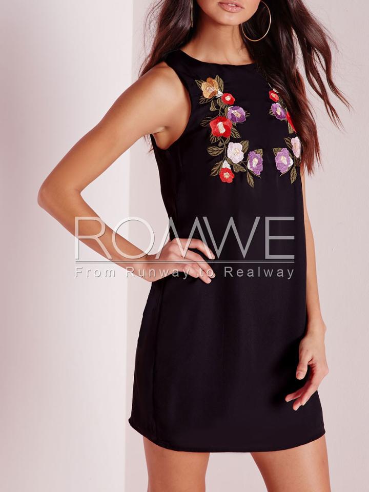 Romwe Black Sleeveless Round Neck Embroidered Dress