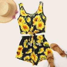 Romwe Sunflower Print Button Front Knot Hem Top With Shorts