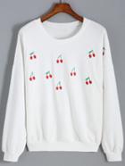 Romwe Cherry Embroidered Loose White Sweatshirt
