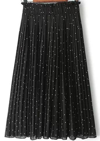 Romwe Black Elastic Waist Polka Dot Pleated Skirt