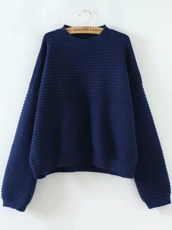 Romwe Navy Ribbed Drop Shoulder Loose Sweater