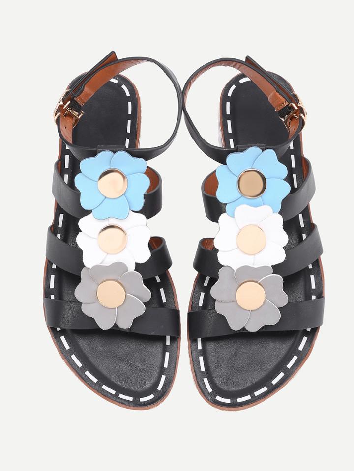 Romwe Flower Embellished Open Toe Falt Sandals