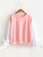 Romwe Pink Color Block Sweatshirt With Bow Tie