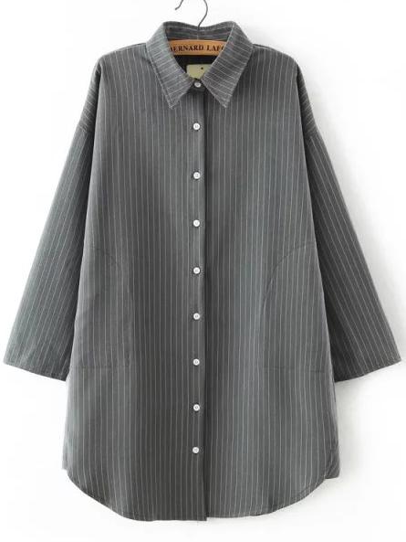 Romwe Lapel Vertical Striped Boyfrined Grey Blouse