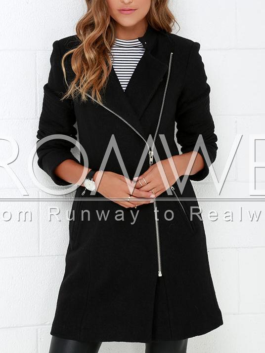 Romwe Black Zipper With Button Coat