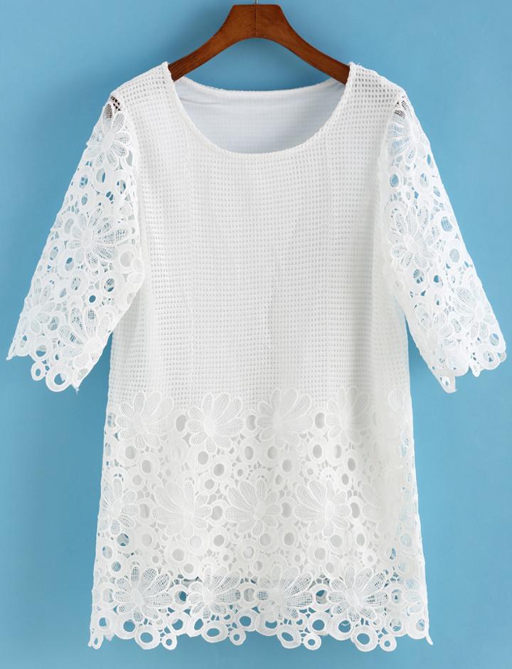 Romwe Short Sleeve Floral Crochet Hollow Top