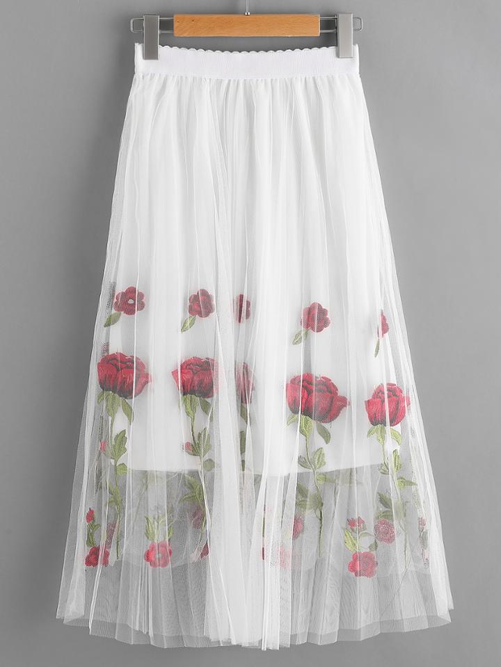 Romwe Rose Embroidered Layered Mesh Skirt