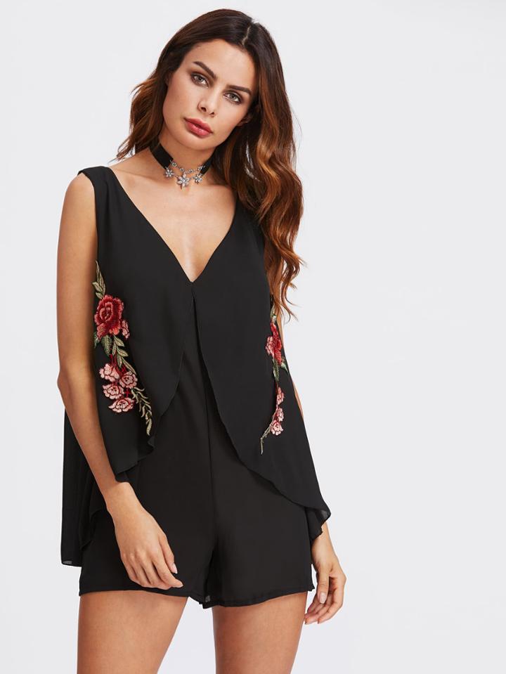 Romwe Rose Embroidered Applique Split Chiffon Romper