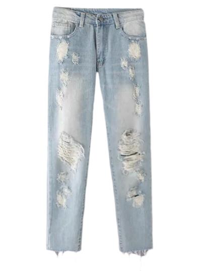 Romwe Light Blue Pockets Ripped Hole Denim Pants