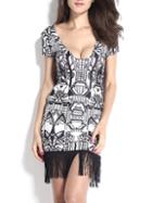 Romwe Deep V Neck Abstract Print Tassel Dress