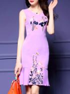 Romwe Purple V Neck Flowers Embroidered Frill Dress