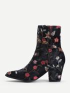 Romwe Side Zipper Calico Embroidery Velvet Ankle Boots