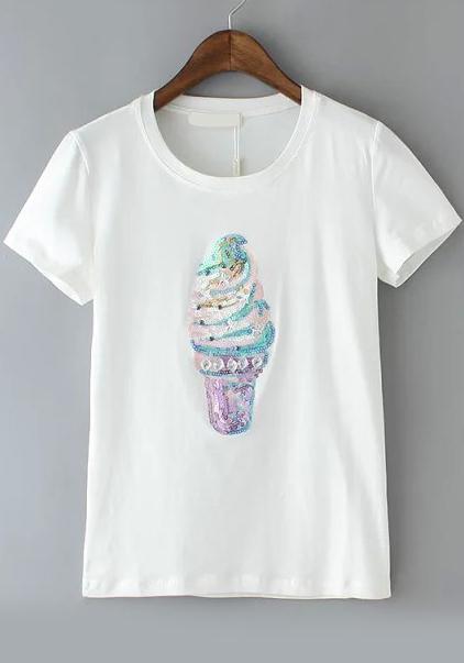 Romwe With Sequined Ice Cream Pattern White T-shirt