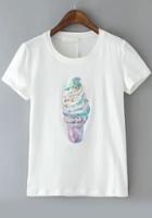 Romwe With Sequined Ice Cream Pattern White T-shirt