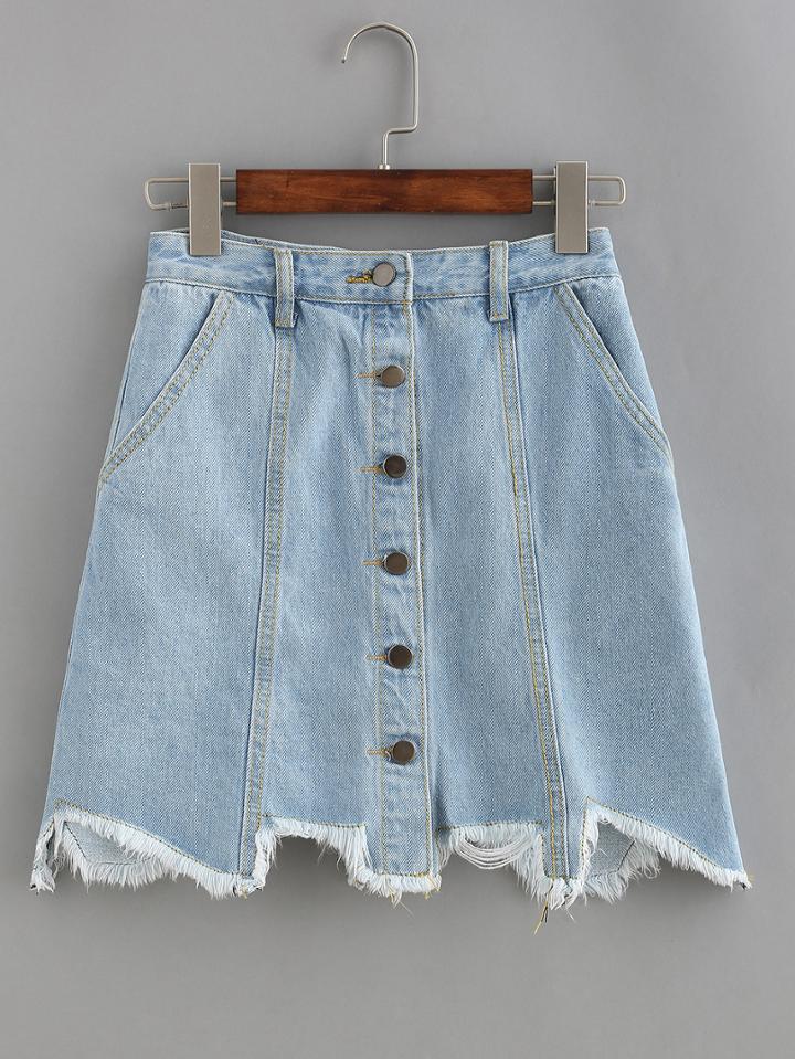 Romwe Buttoned Front Raw Hem Denim Skirt