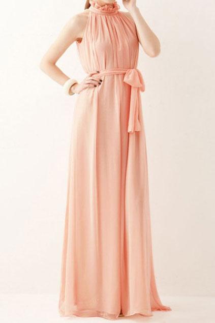 Romwe Off-shoulder Lace-up Pink Pleated Maxi Dress