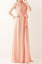 Romwe Off-shoulder Lace-up Pink Pleated Maxi Dress