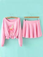 Romwe Long Sleeve Patch Top With Pink Skirt