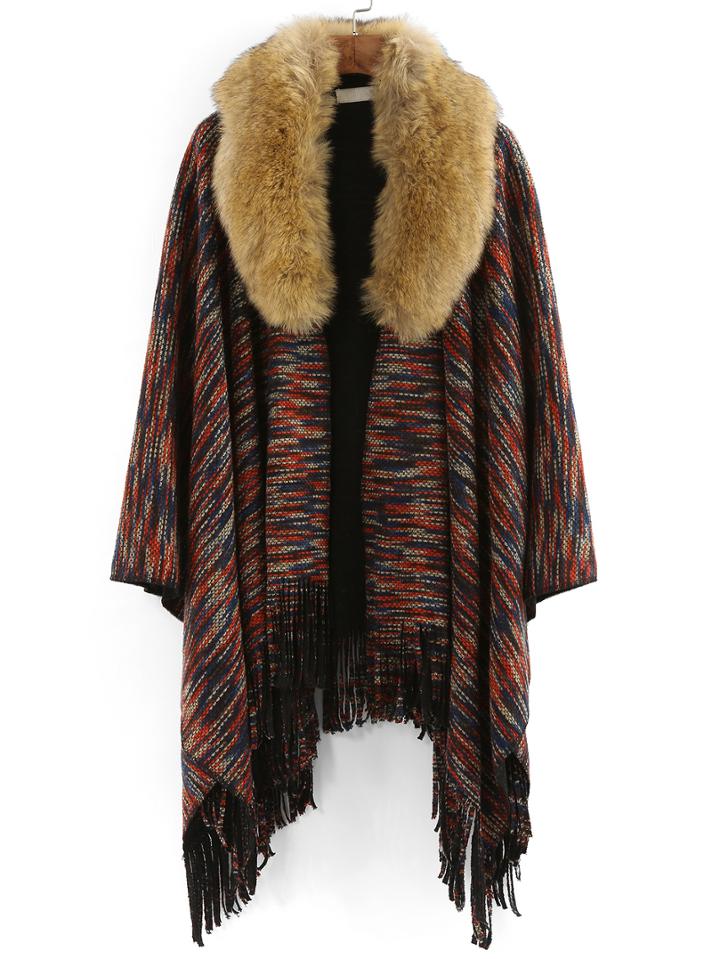 Romwe Lapel High Low Fringe Color Poncho