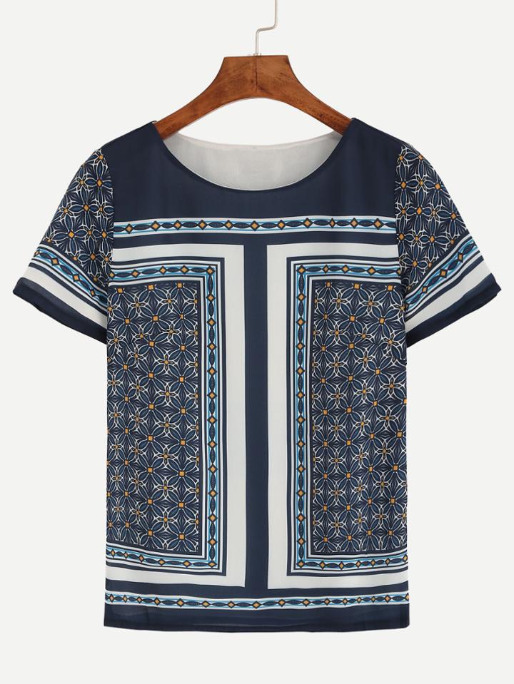 Romwe Navy Vintage Print Chiffon Top