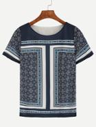 Romwe Navy Vintage Print Chiffon Top