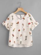 Romwe Layered Ruffle Sleeve Stepped Hem Botanical Top