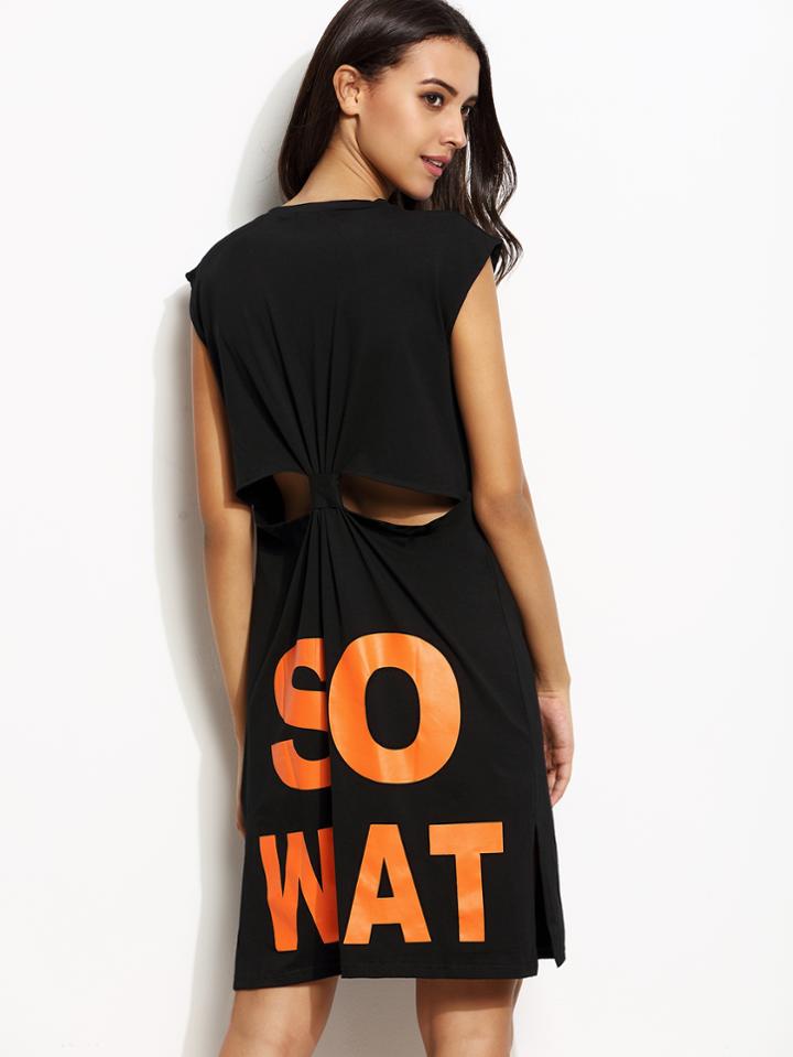 Romwe Black Letter Print Cutout Back Slit Side Dress