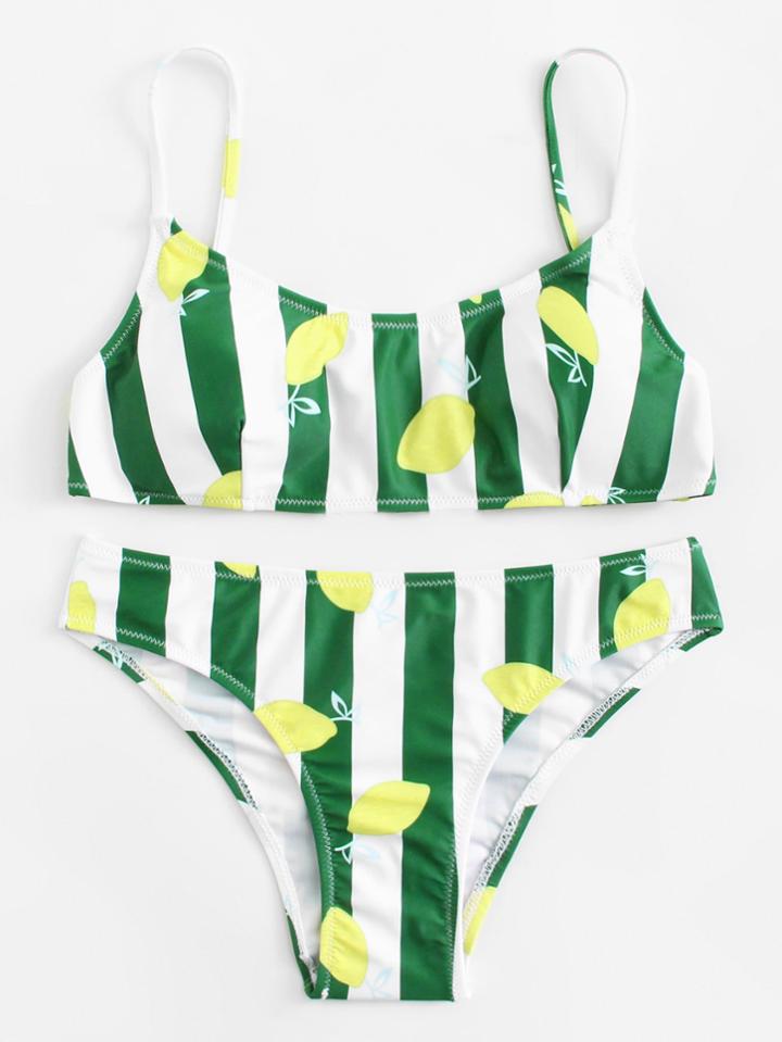 Romwe Fruit & Block Striped Print Bikini Set