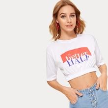 Romwe Letter Print Blouson Hem Crop Tee