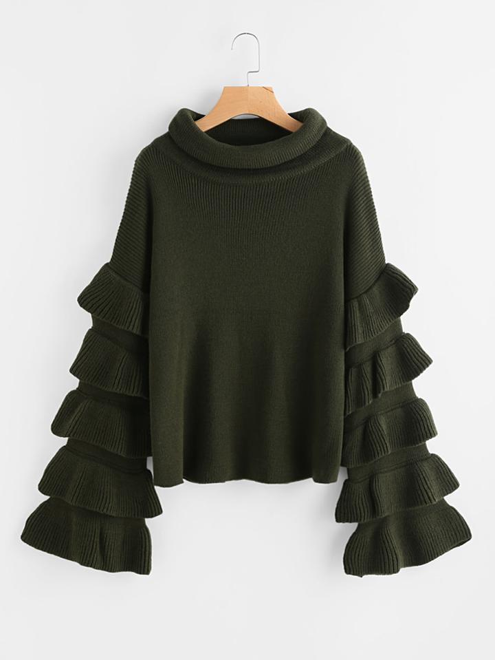 Romwe Funnel Neck Layered Bell Sleeve Jumper