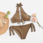 Romwe Scalloped Trim Tie Side Ladder Cut-out Bikini Set