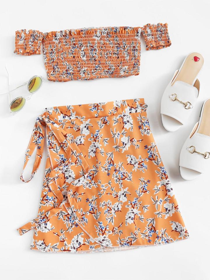 Romwe Calico Print Pleated Crop Top With Skirt