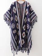 Romwe Navy Tribal Pattern Fringe Trim Poncho Sweater