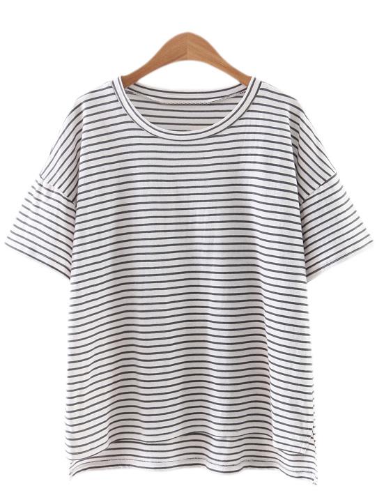 Romwe Grey White Stripe Dip Hem Short Sleeve T-shirt