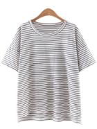Romwe Grey White Stripe Dip Hem Short Sleeve T-shirt