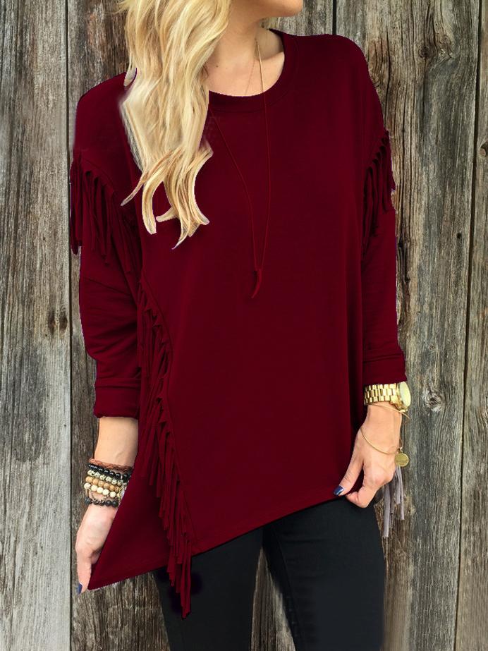 Romwe Long Sleeve Fringe Loose Maroon T-shirt