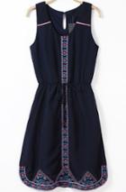 Romwe Sleeveless Embroidered Slim Blue Dress