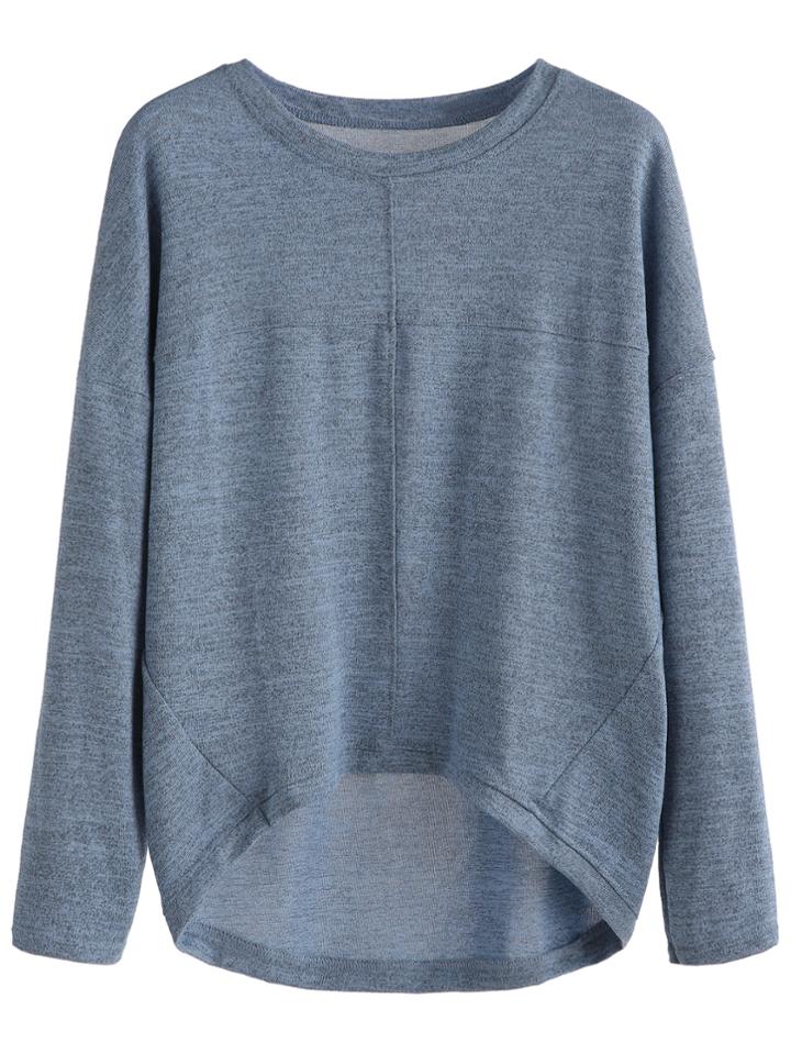 Romwe Blue Dropped Shoulder Seam High Low Knitwear