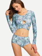 Romwe Cross Wrap Tropical Print Rash Guard Swimwear - Green