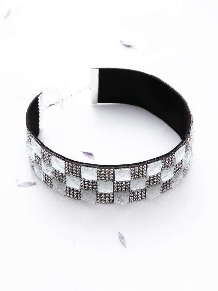 Romwe Rhinestone Checker Pattern Wide Choker