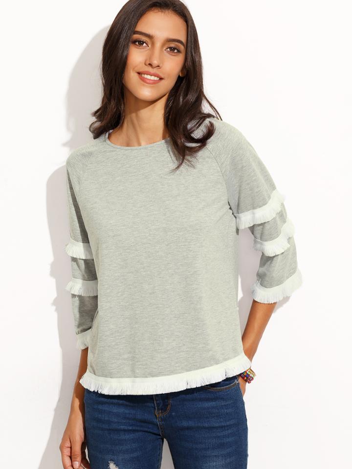 Romwe Heather Grey Raglan Sleeve Fringe Trim Detail Sweatshirt