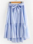 Romwe Bow Tie Front Tiered Gingham Skirt